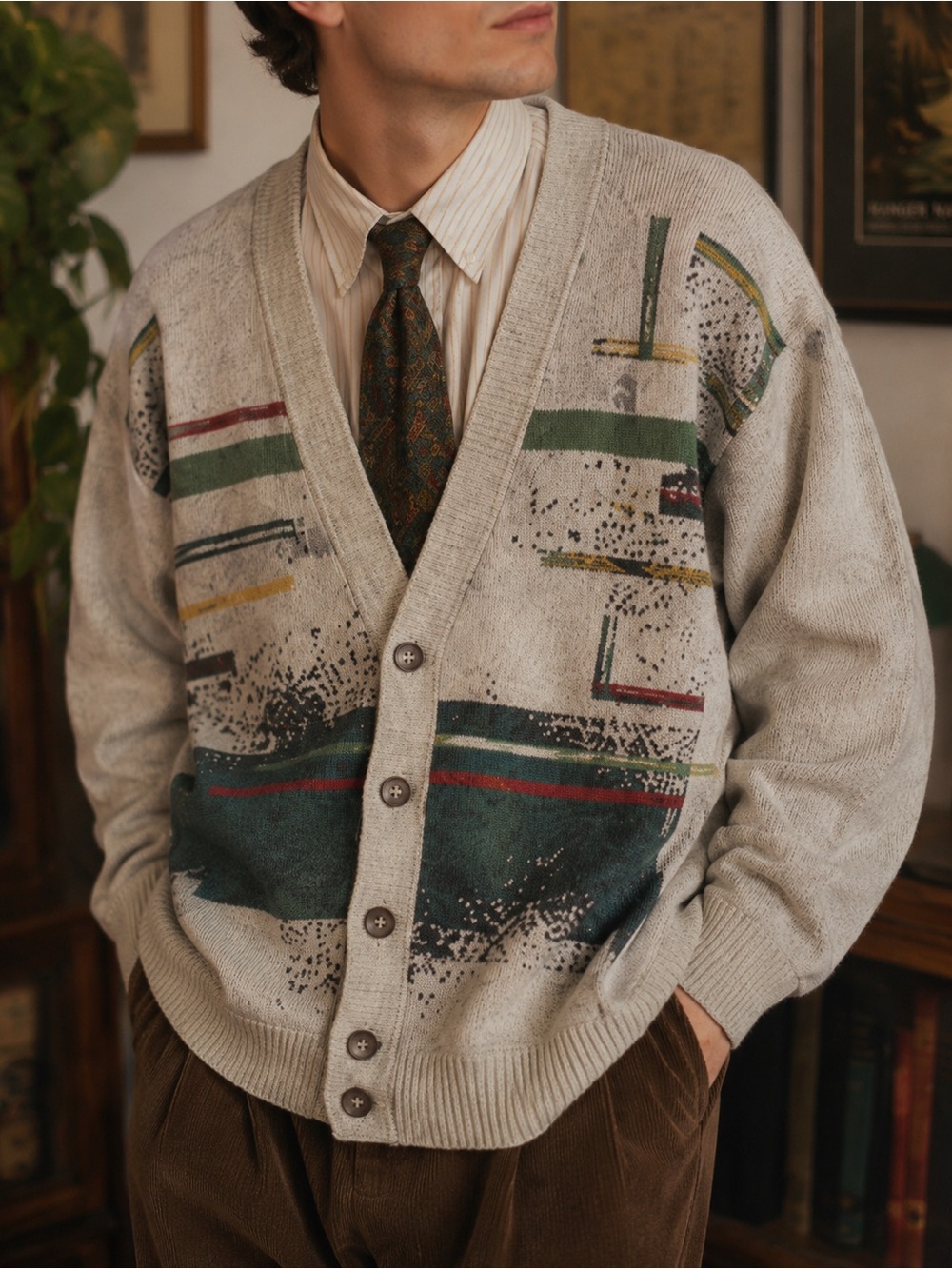 Vintage Monello Abstract Knit Grandpa Cardigan Sweater Men’s XL EU 52 Academia